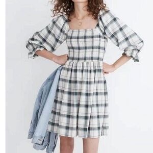 Madewell smocked Plaid Puff Sleeve Dress